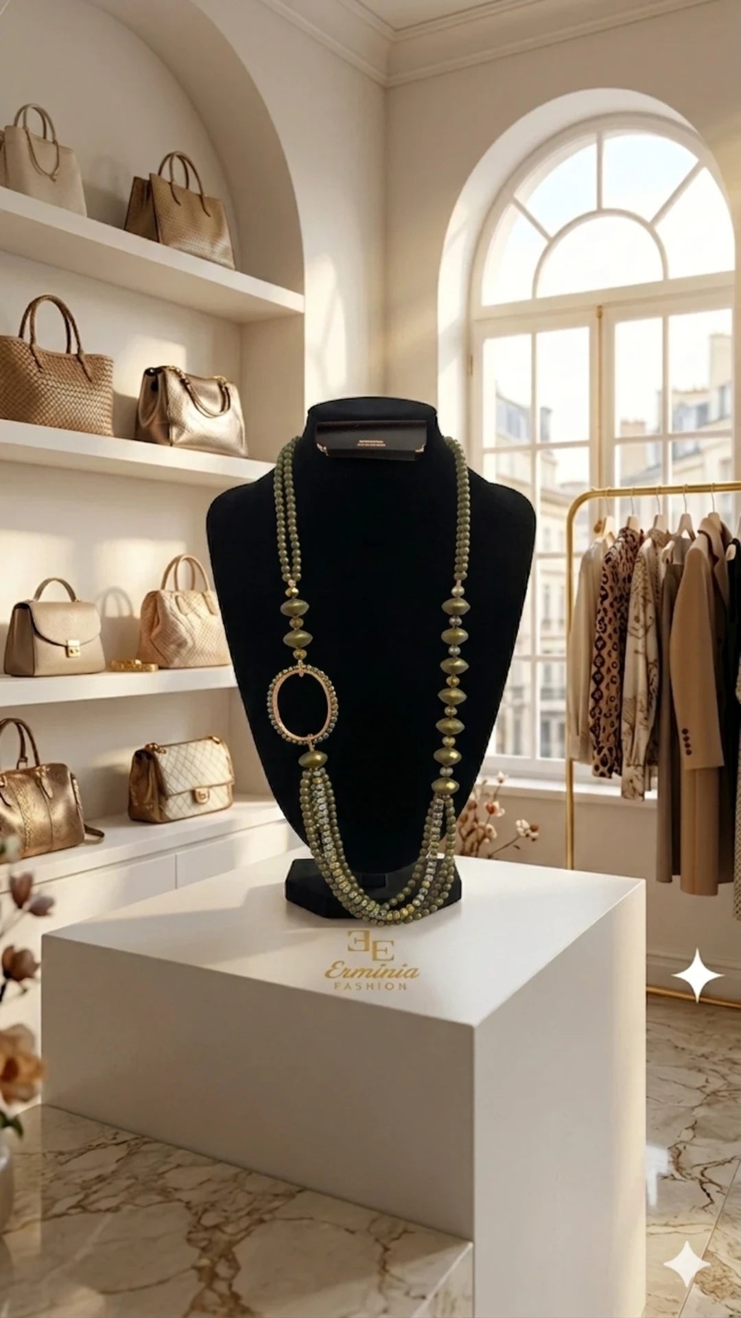 Outfit - "Giardino Mediterraneo · Collana Multifilo Verde Oliva + Orecchini Arc-en-Ciel"