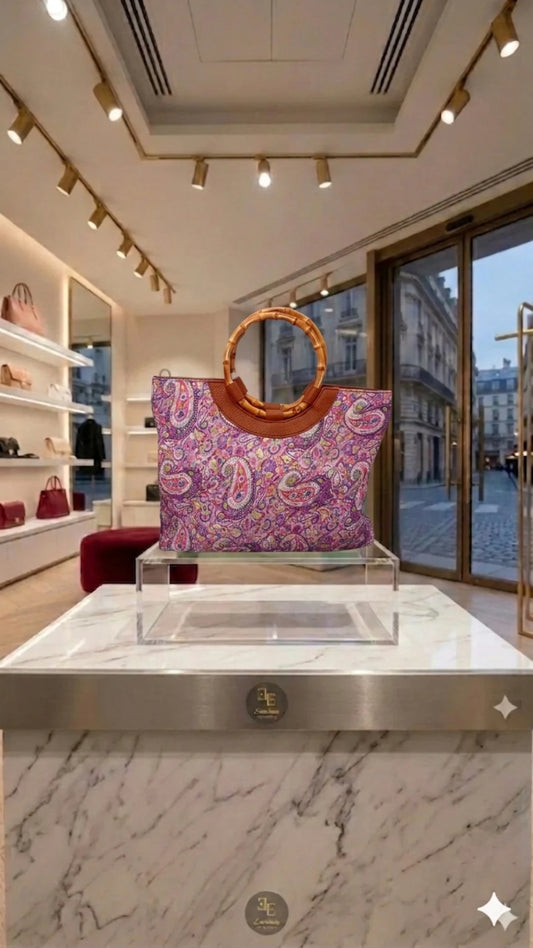 Borsa - Tote Paisley Viola & Fucsia con Manici in Bambù
