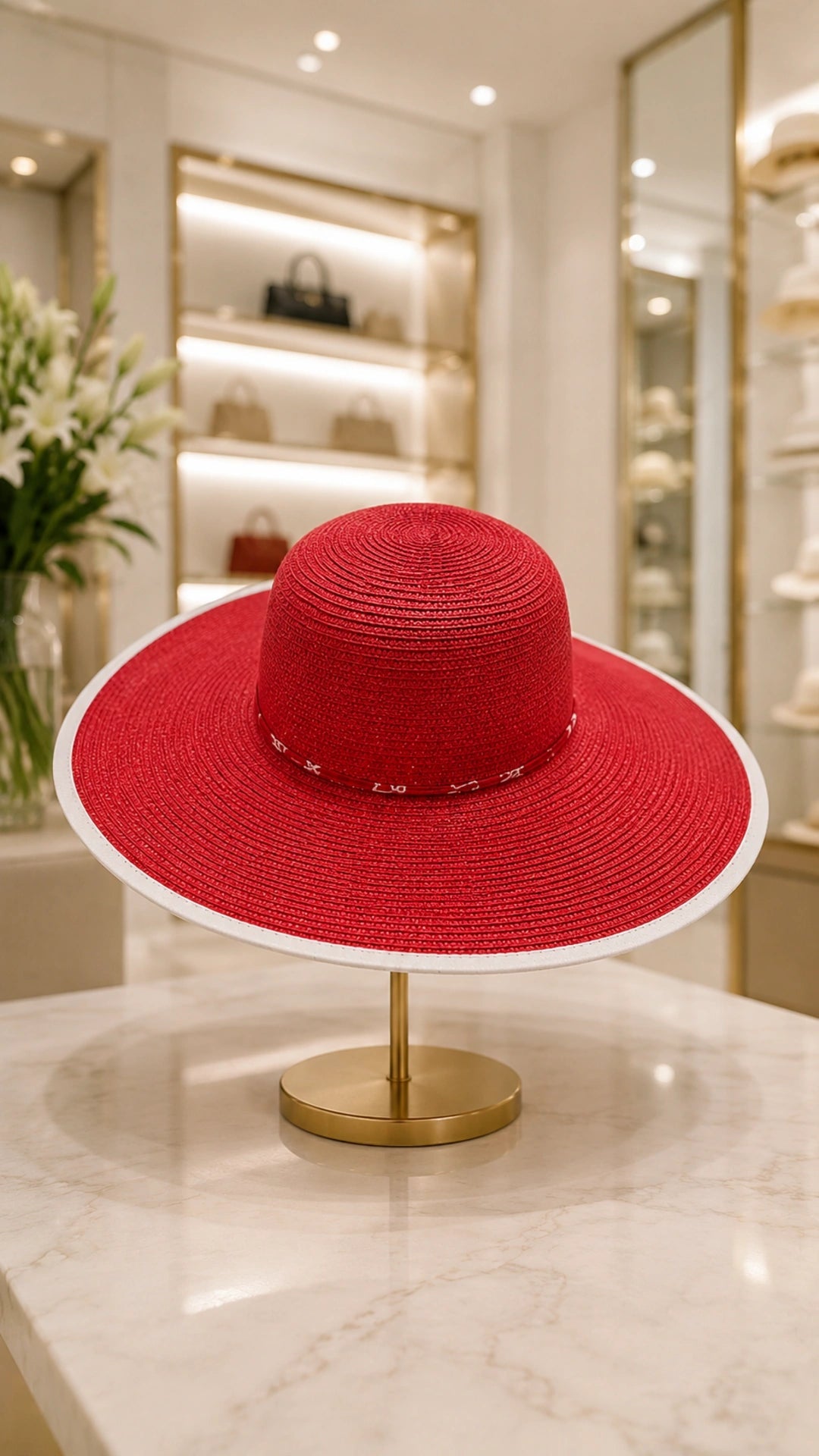 Cappello Ala di Papavero - vista frontale su espositore dorato
