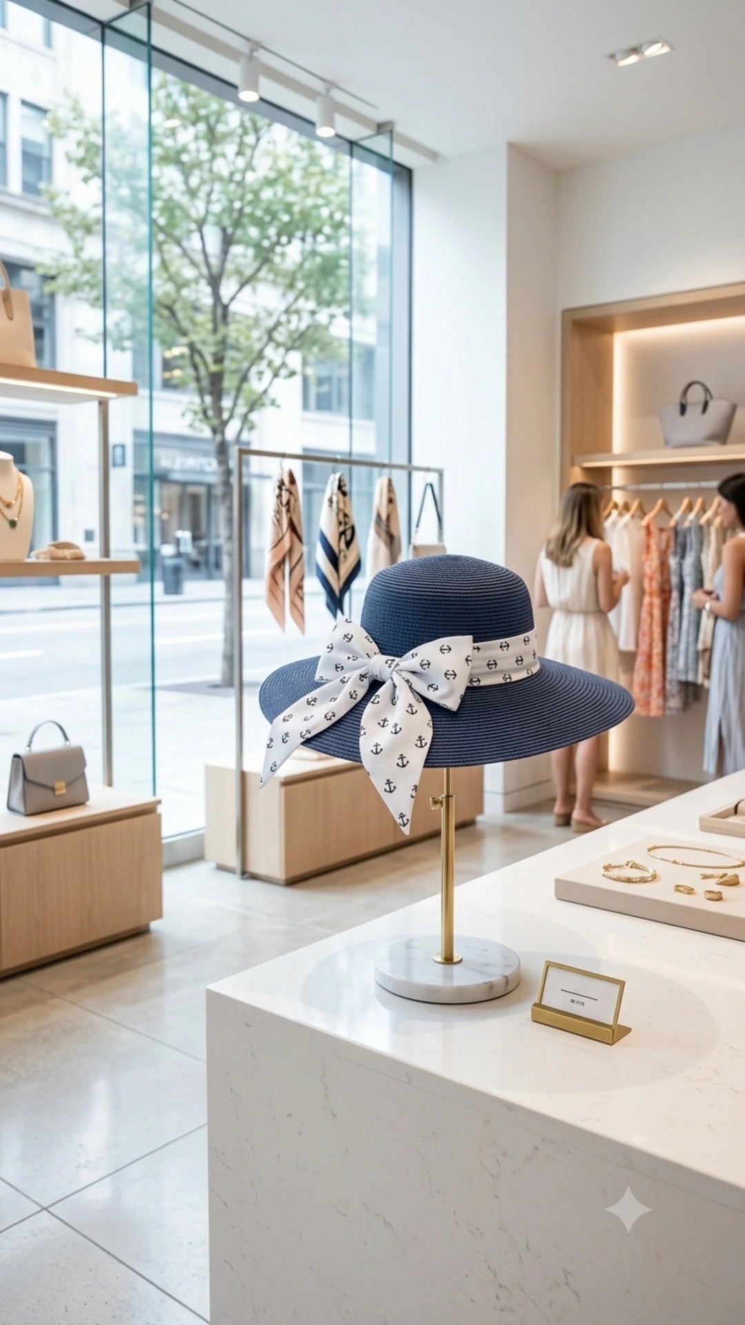 Cappello Blue Riviera - tesa larga blu con fiocco bianco a motivi ancore