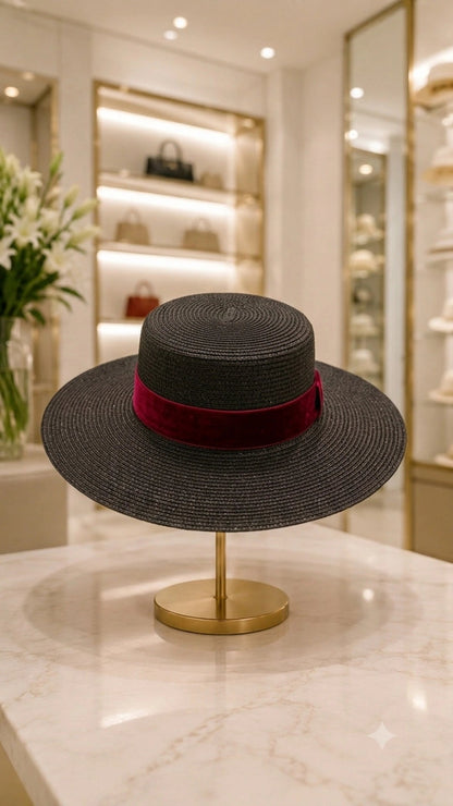 Cappello Ombra Vermiglia - vista frontale su espositore dorato in boutique