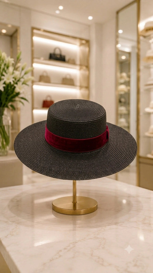 Cappello Ombra Vermiglia - vista frontale su espositore dorato in boutique