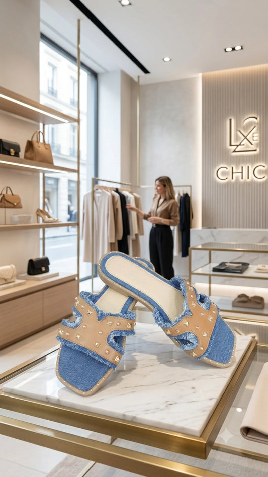 Ciabattine Denim Chic - flat denim con borchie dorate