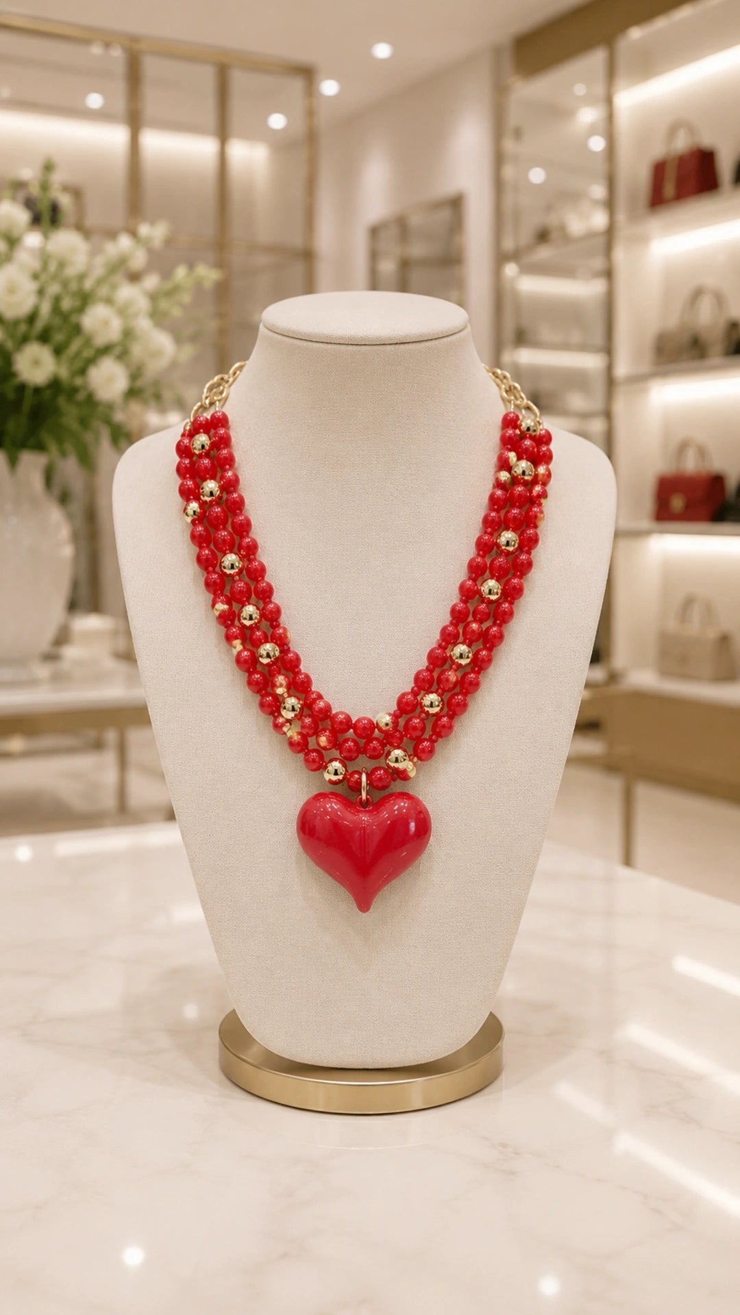 Collana Cuore di Corallo - perle rosse e cuore laccato su espositore