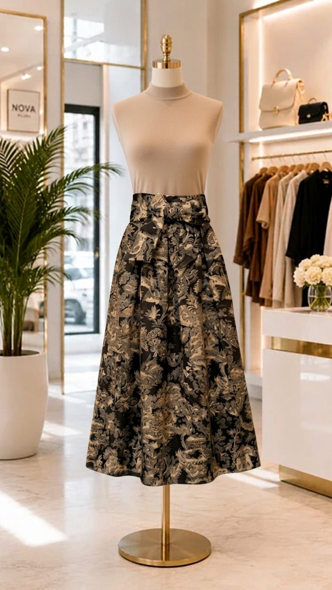 Gonna Toile Pagoda con stampa chinoiserie marrone e beige e fiocco in vita, vista frontale