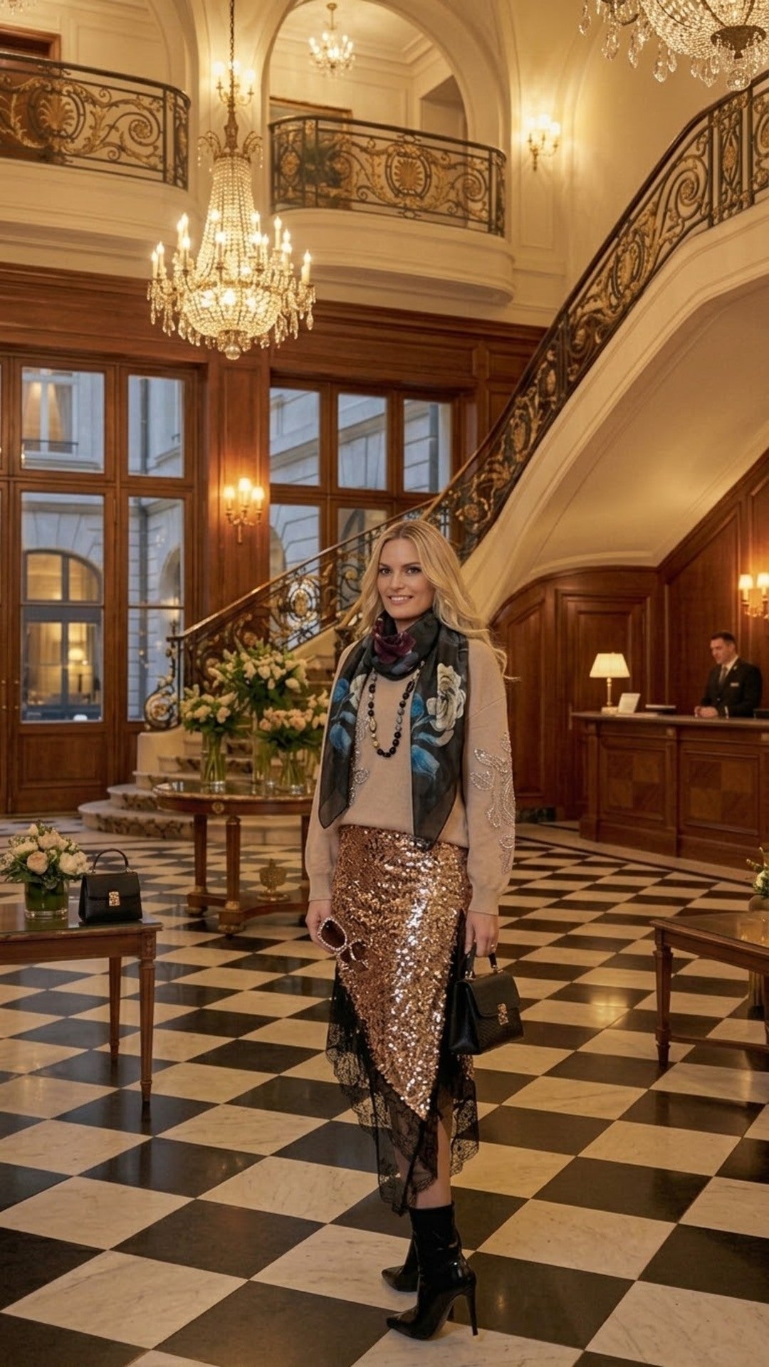 Sciarpa Giardino di Mezzanotte indossata con un outfit elegante