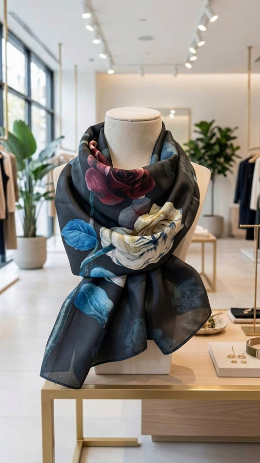 Sciarpa Giardino di Mezzanotte annodata su busto, con rose bordeaux e avorio e foglie blu